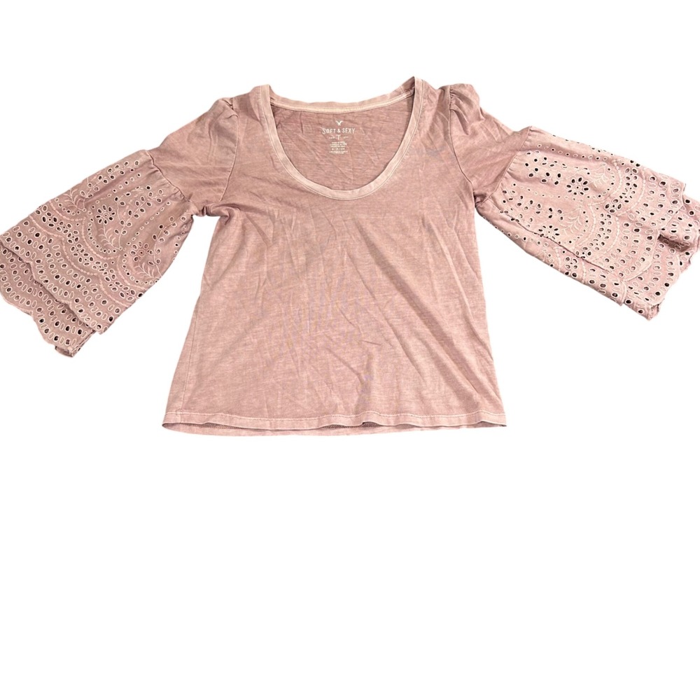American Eagle Soft & Sexy Mauve Eyelet Tiered Bell Sleeve Scoop‎ Neck Top Small